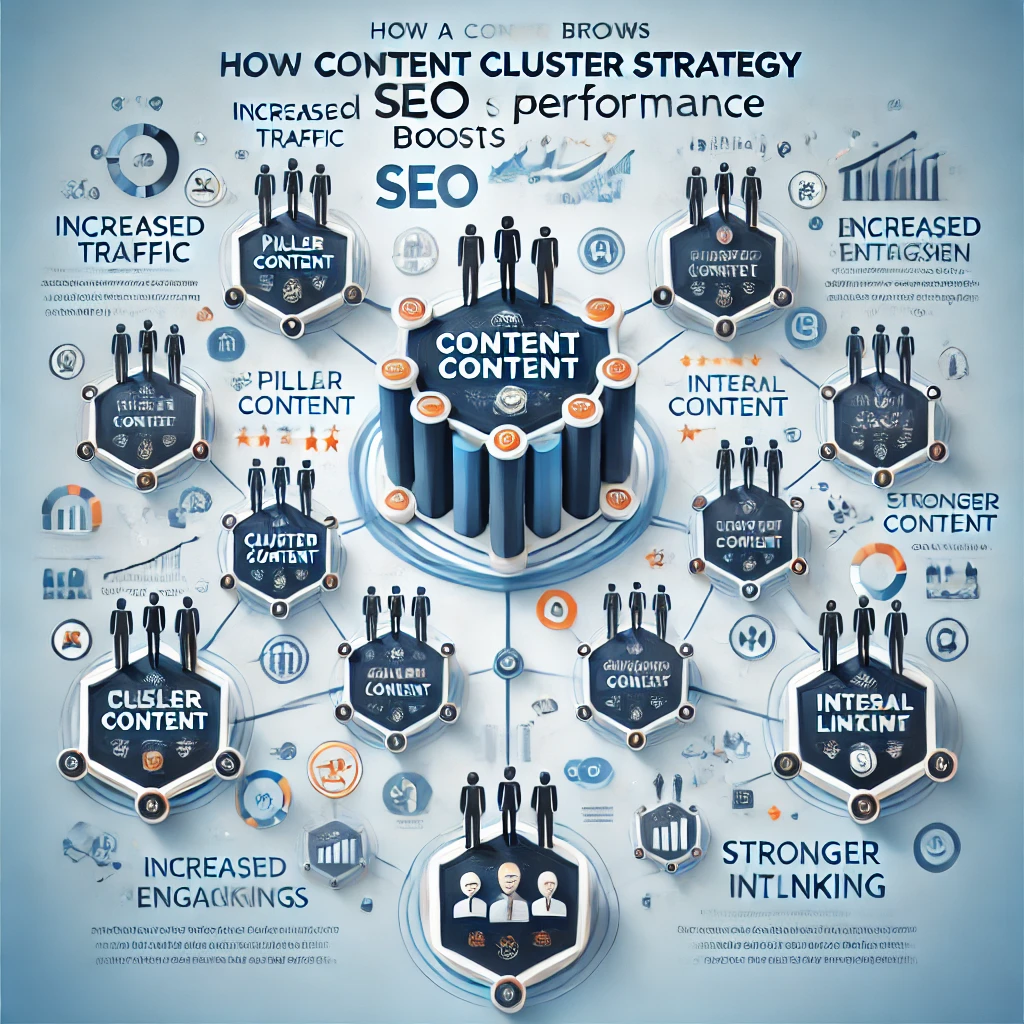 DALL·E 2025-01-29 08.13.28 - An infographic illustrating how a content cluster strategy boosts SEO performance. The image should feature a central 'Pillar Content' hub, surrounded